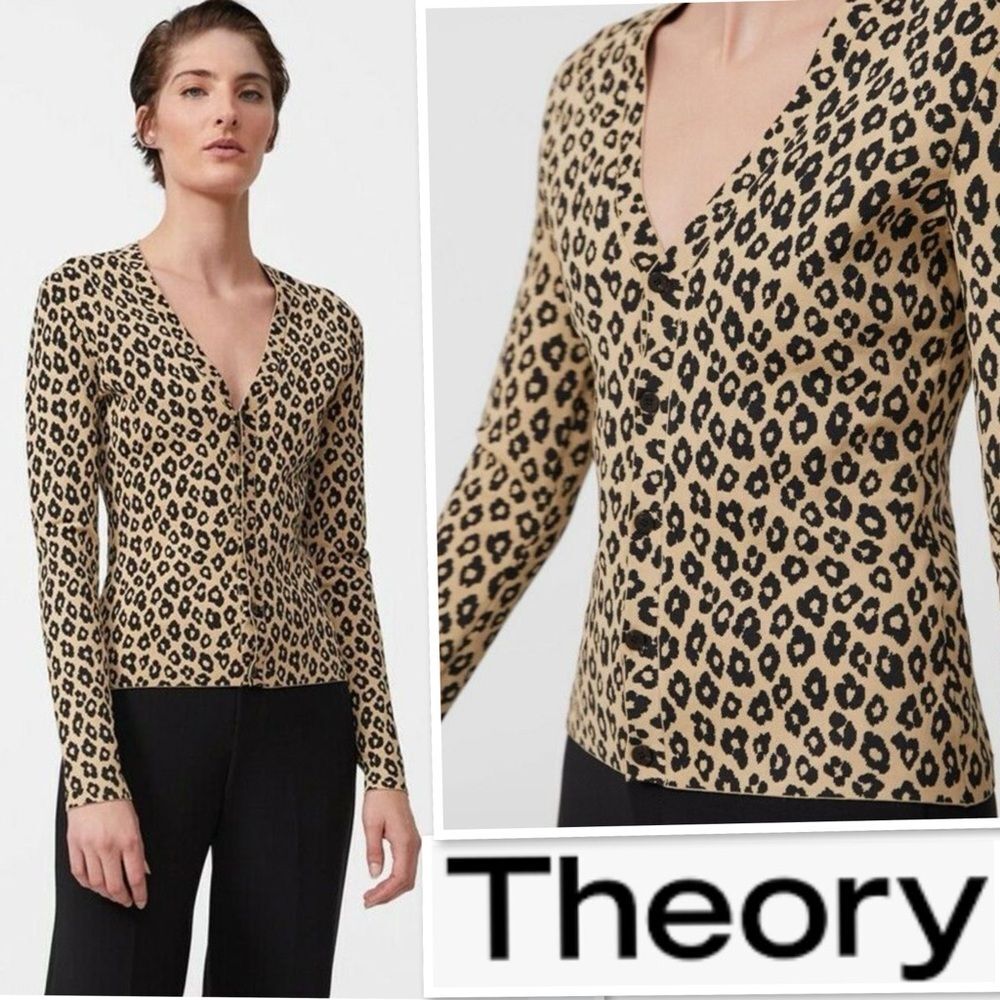 Theory Leopard Animal Print Glossed V-Neck Button Down Cardigan Tan/Black Size L